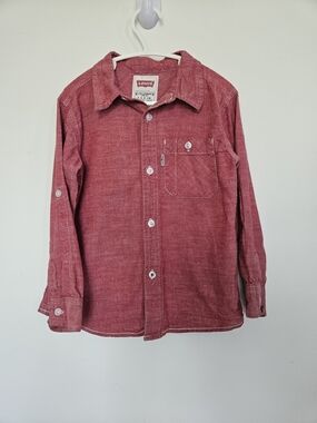 LEVI'S Kids Red Chambray Long Sleeve Button Down Shirt Size S 4-5T Roll Up Tabs